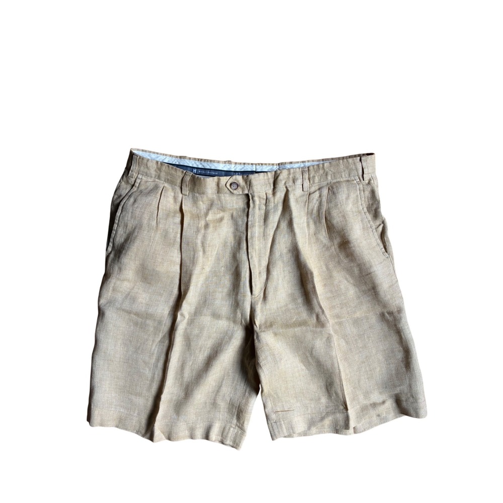 Hickey Freeman Mens 40 Tan 100% Linen Herringbone Pleated Shorts Made in Italy